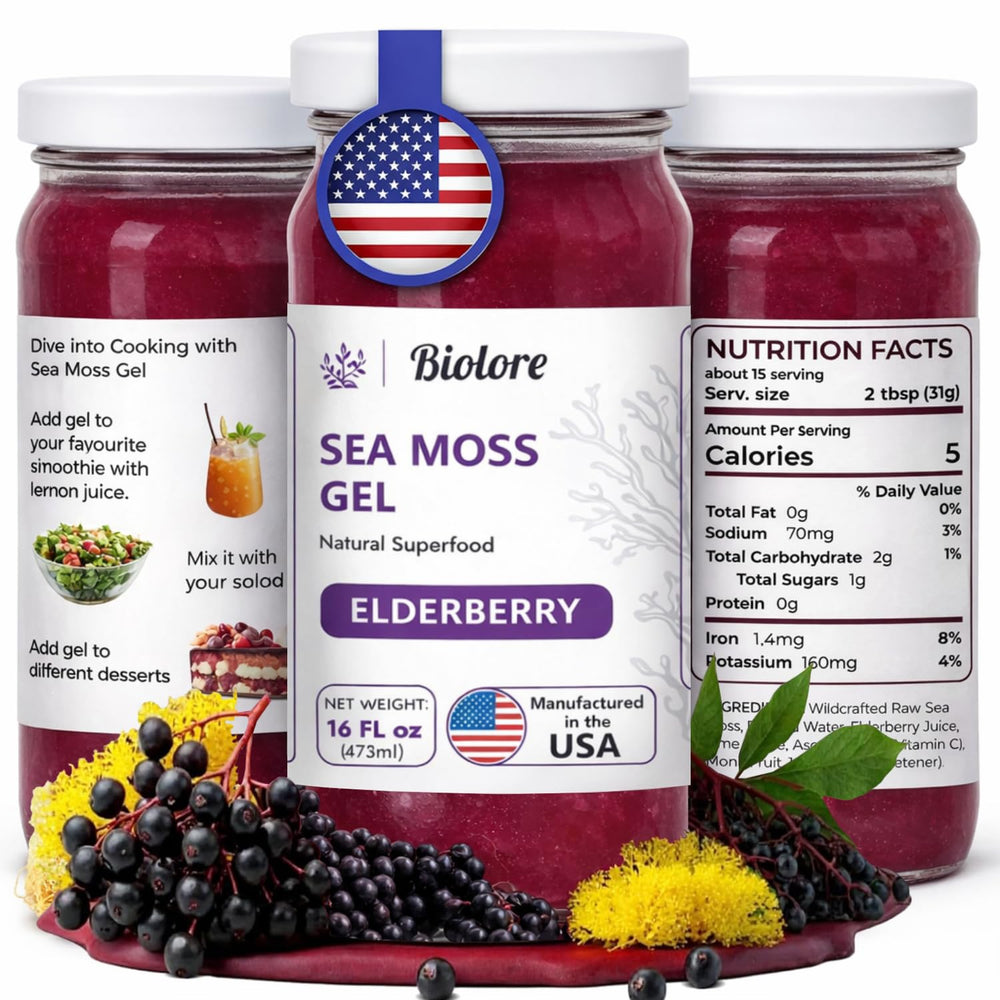 Biolore front jar showing elderberry sea moss gel and brand clarity benefit