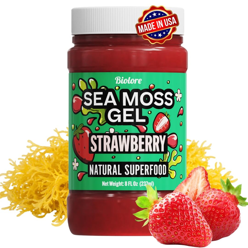 Biolore front jar showing strawberry sea moss gel and clear label benefit