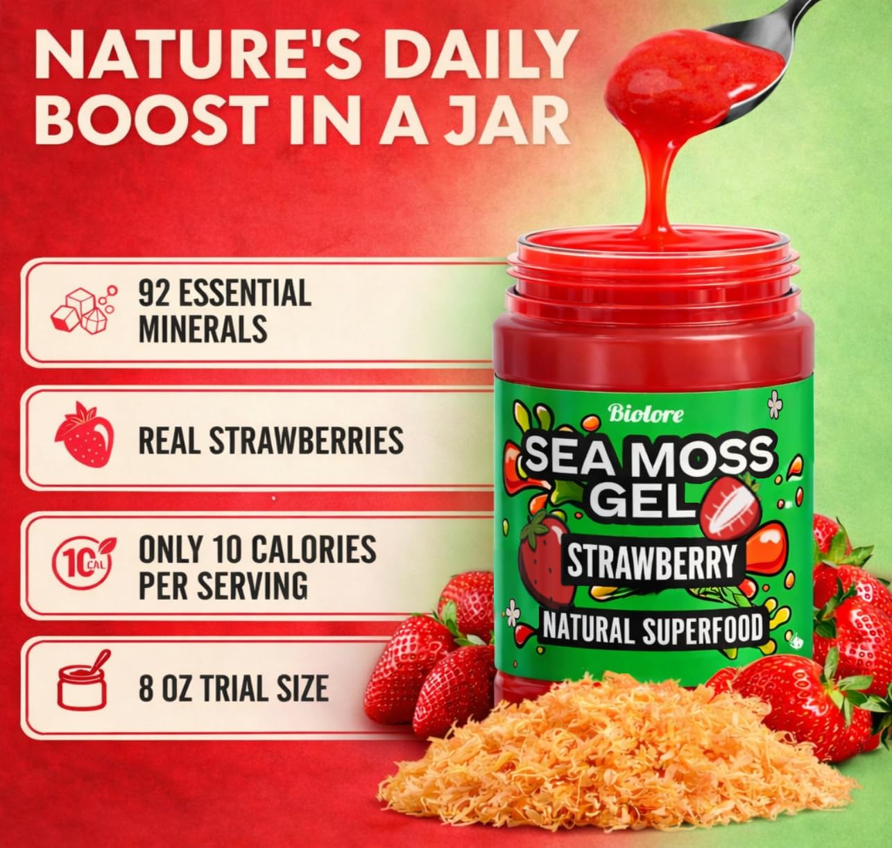 Biolore 8oz jar next to fruit to show true small trial size portability