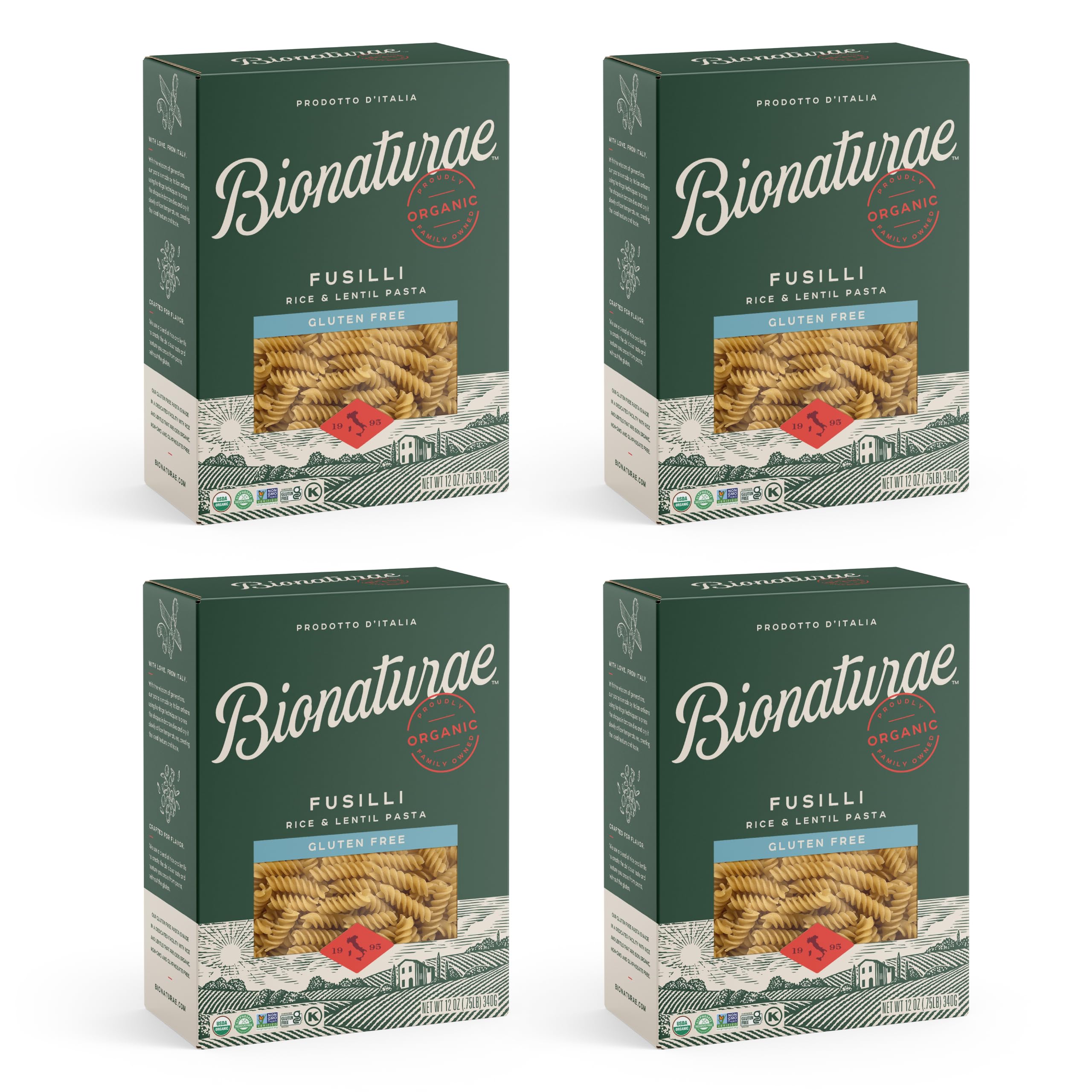 bionaturae front packaging showing organic gluten-free fusilli and benefits