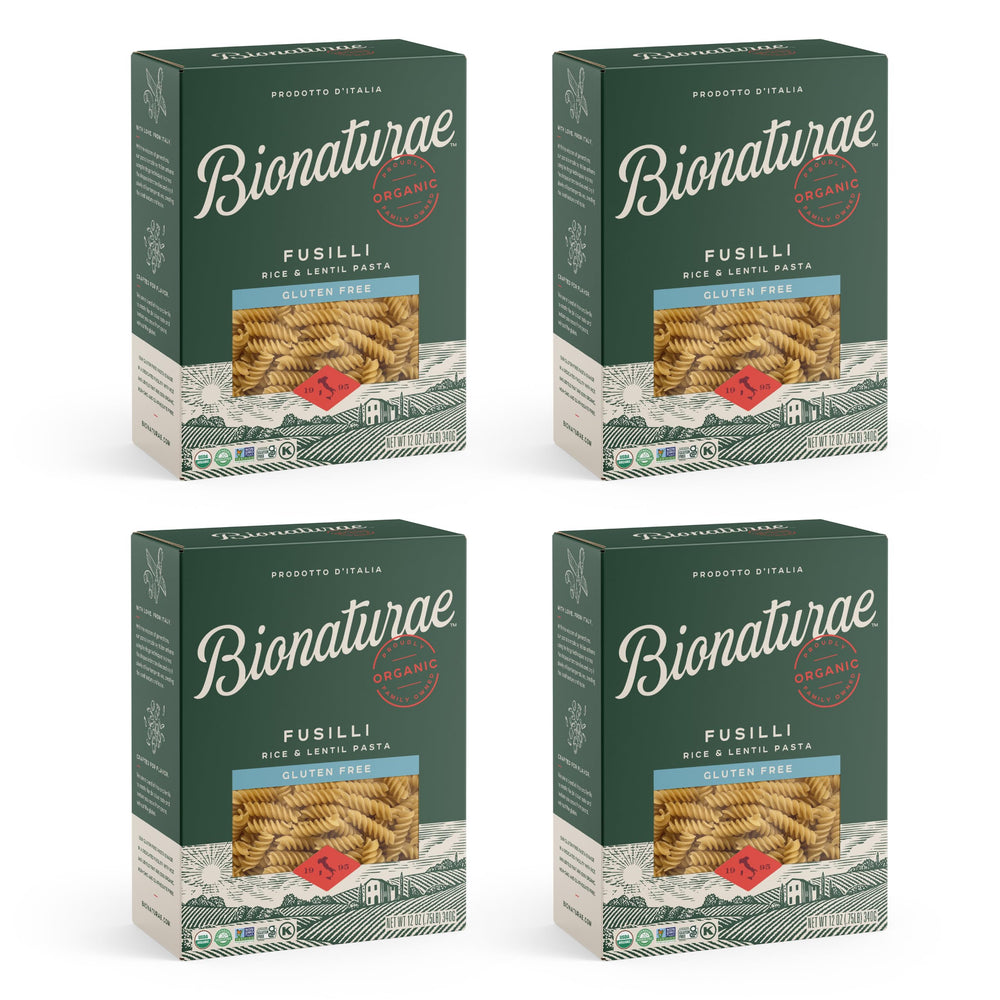 bionaturae front packaging showing organic gluten-free fusilli and benefits