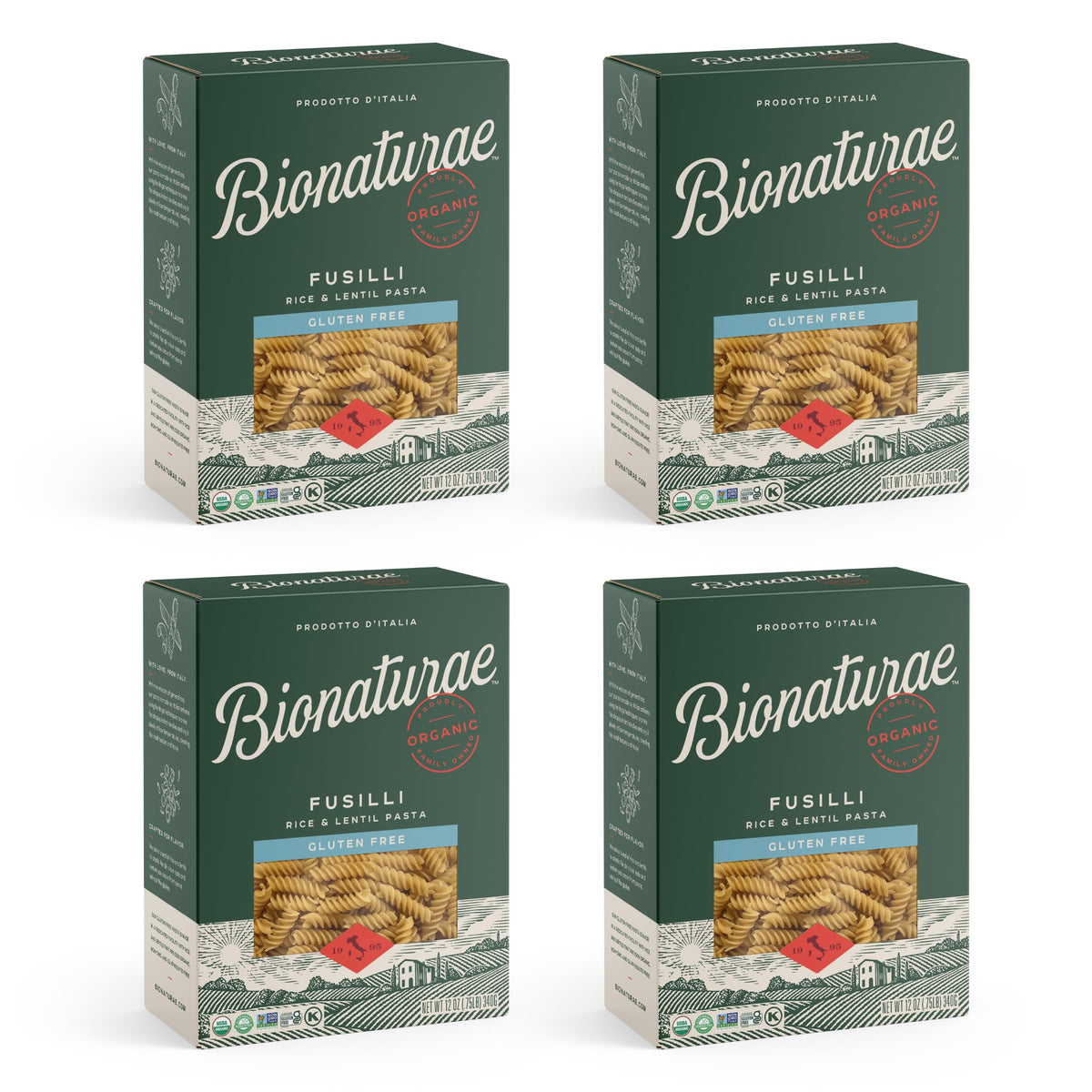 bionaturae front packaging showing organic gluten-free fusilli and benefits