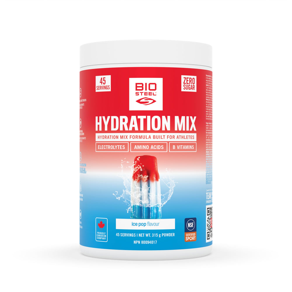 BIOSTEEL front packaging displaying the Ice Pop hydration label and serving info for clarity