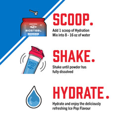 BIOSTEEL scoop next to tub illustrating one-scoop serving size and portion control
