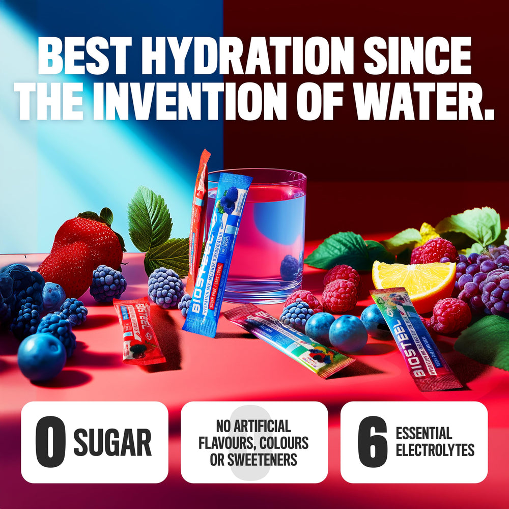 BIOSTEEL single packet held in hand for portable zero-sugar hydration convenience