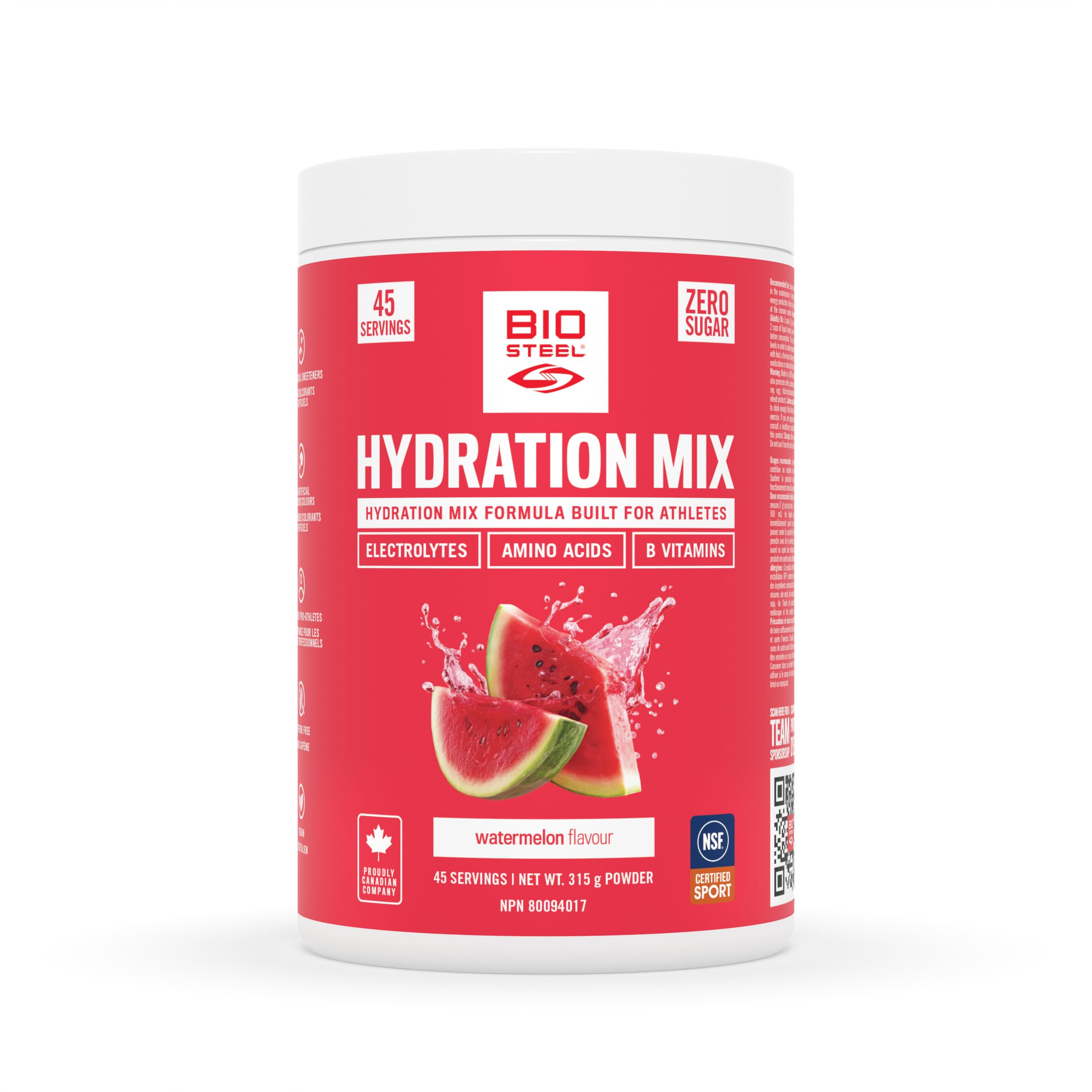 BIOSTEEL watermelon tub front view showing label and serving count for clear identification and convenience