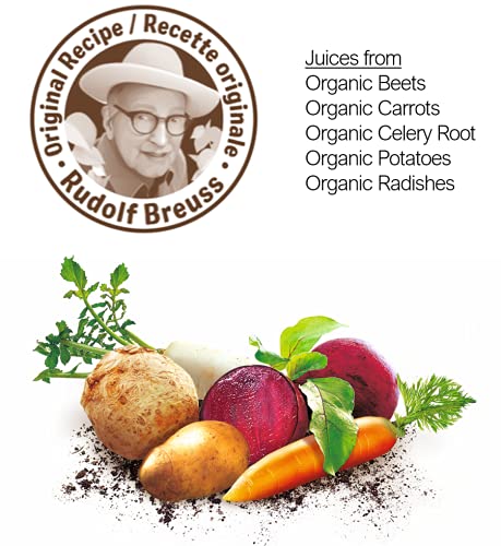 Biotta Breuss raw beets carrots celery and radish arranged to show fresh organic ingredients
