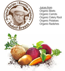 Biotta Breuss raw beets carrots celery and radish arranged to show fresh organic ingredients