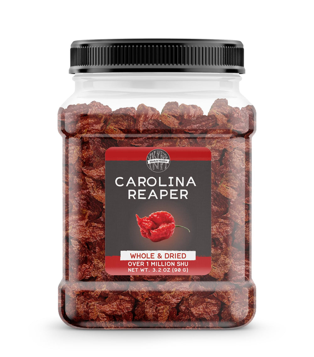 Birch & Meadow front packaging showing 3.2 oz of whole Carolina Reapers and shelf stability