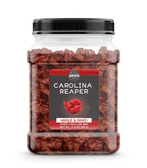 Birch & Meadow front packaging showing 3.2 oz of whole Carolina Reapers and shelf stability