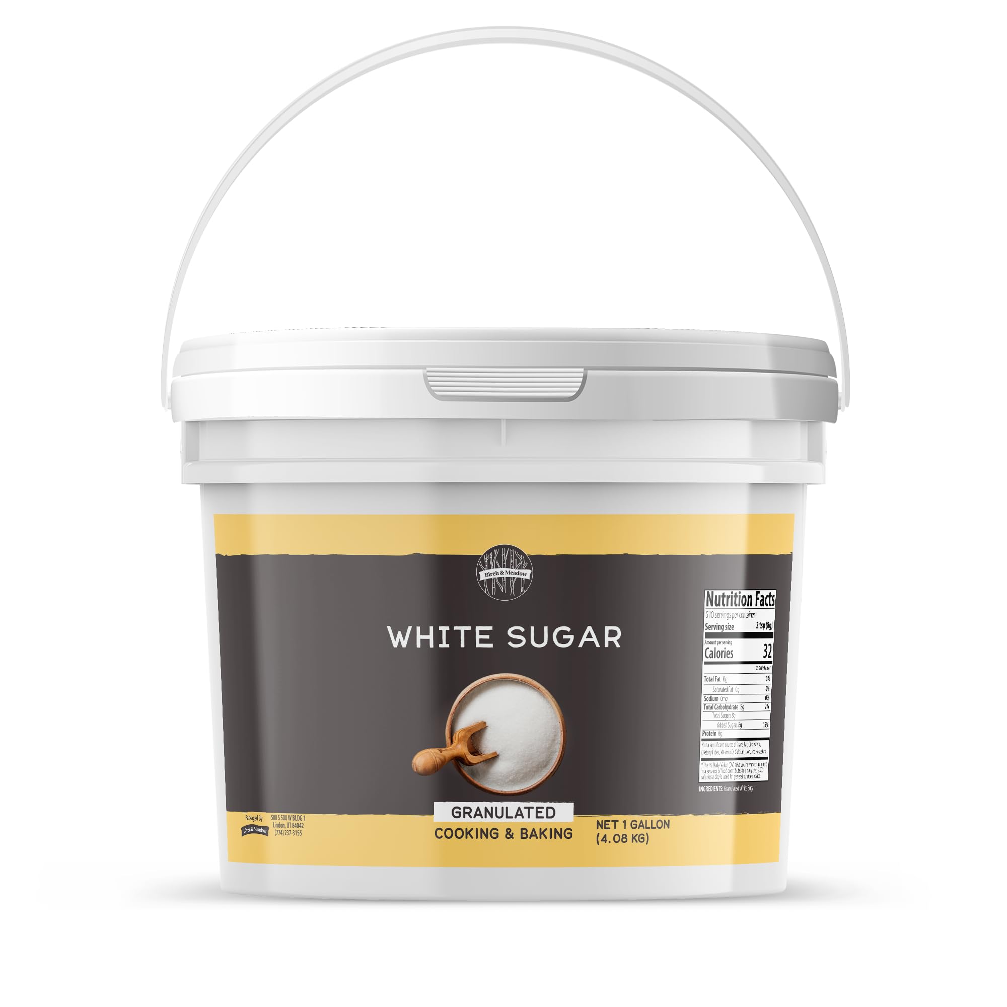 Birch & Meadow front view of 1-gallon sugar bucket showing label and packaging benefit