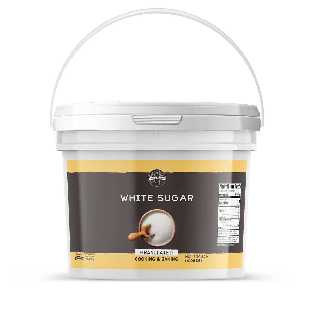 Birch & Meadow front view of 1-gallon sugar bucket showing label and packaging benefit