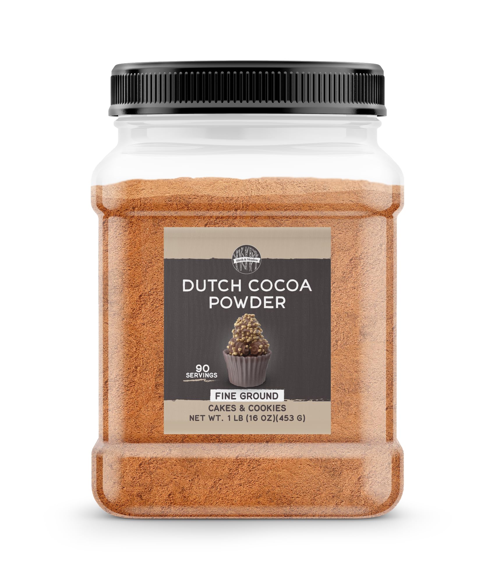 Birch & Meadow front jar Dutch cocoa showing label and resealable lid, keeps cocoa fresh