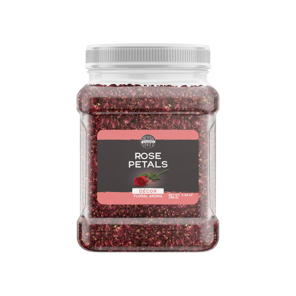 Birch & Meadow front jar of edible rose petals showing label and resealable lid, preserves freshness