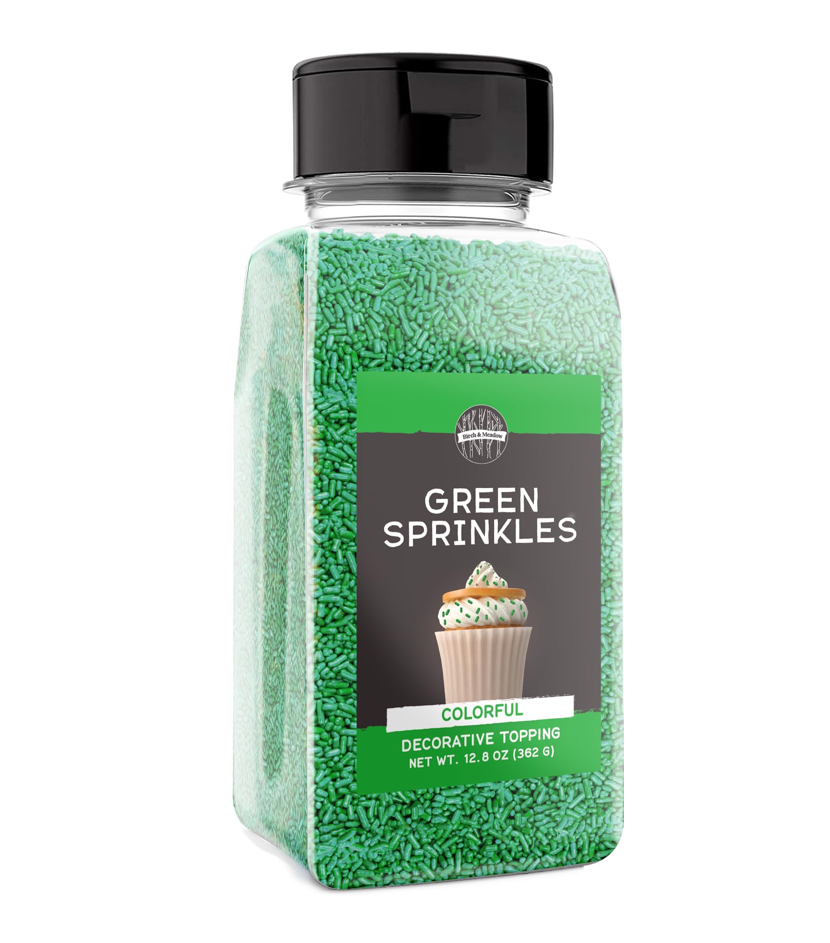Birch & Meadow front packaging showing jar and vibrant green sprinkles for easy decorating