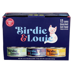 Birdie & Louie front packaging showing 12pc variety box and flavor labels for easy selection