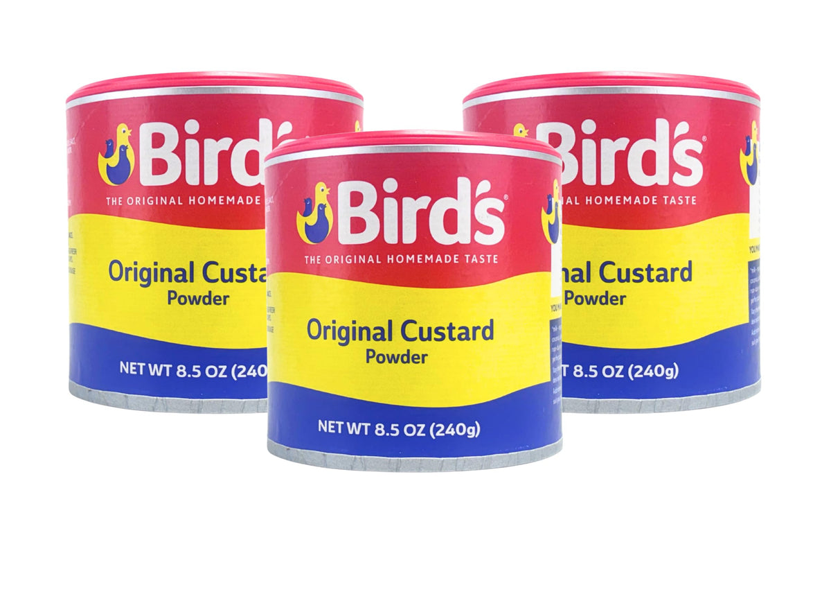 Bird's front packaging showing three 250g tins for pantry convenience
