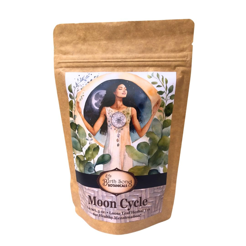 Birth Song Botanicals front packaging showing organic moon cycle tea for cycle comfort
