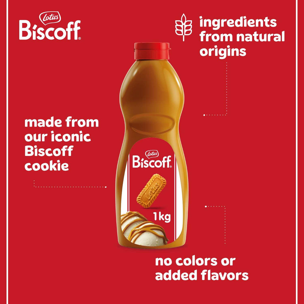 Lotus Biscoff pouring stream detail demonstrating smooth, pourable texture