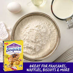 Stack of gluten free pancakes made with Betty Crocker Bisquick served with fruit and syrup