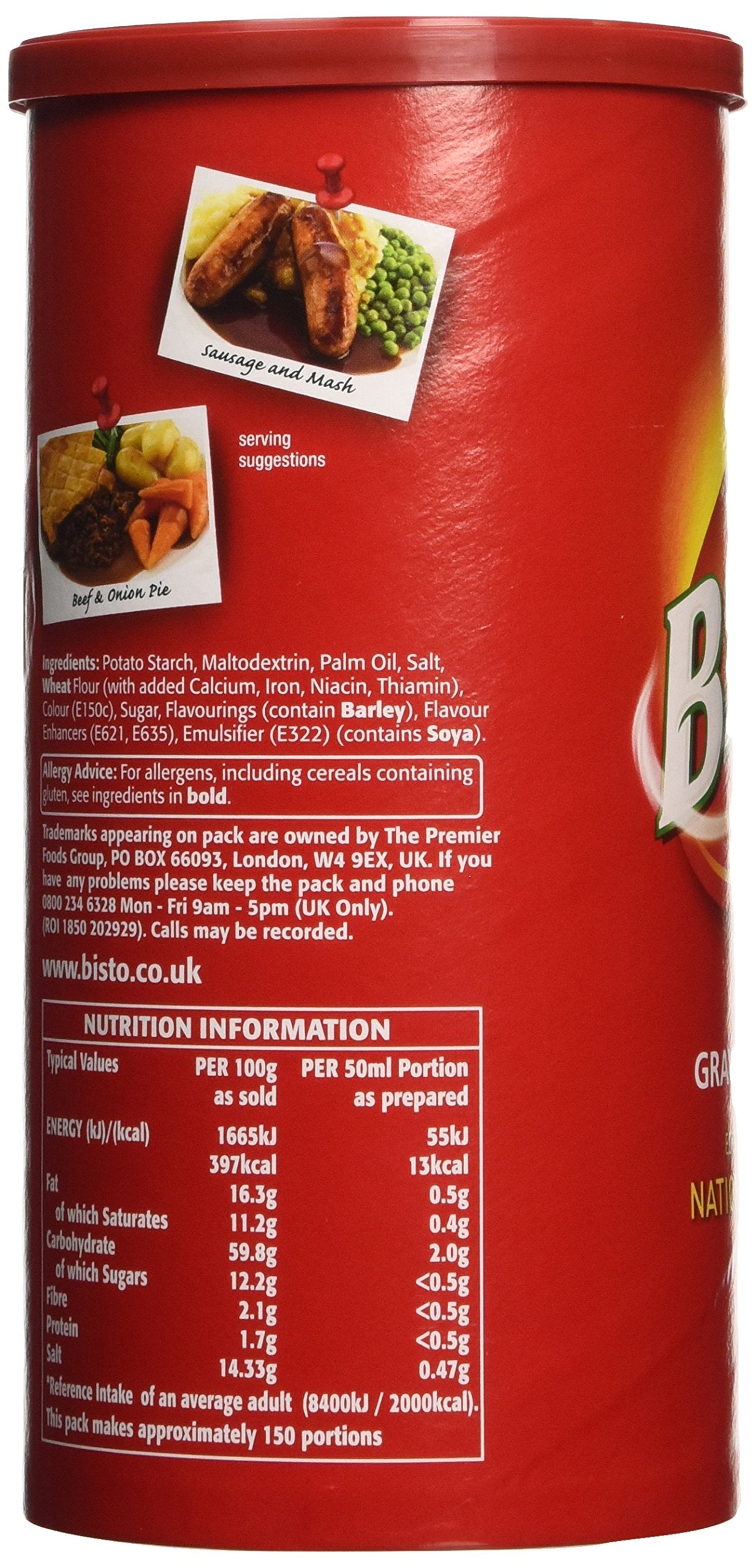 Open Bisto 450g tub in pantry with lid off, showing resealable storage benefit