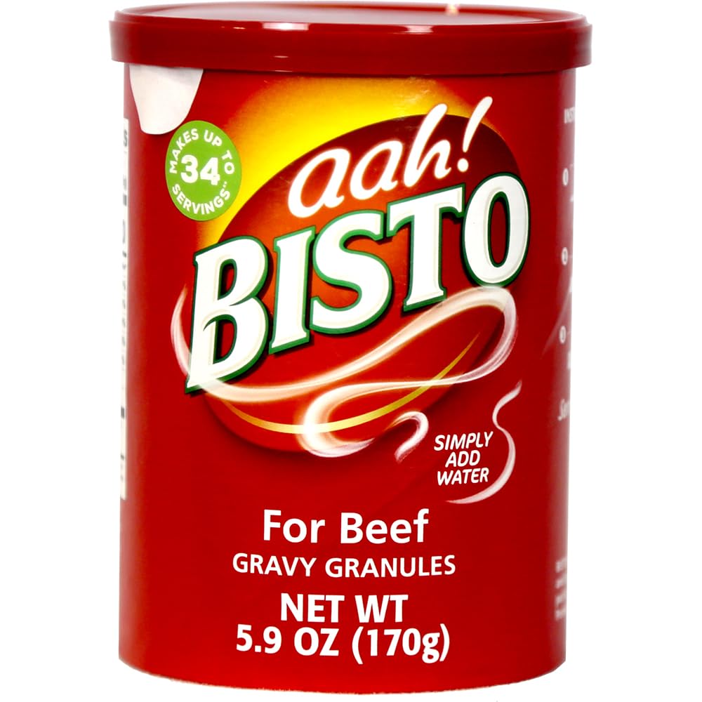 Bisto canister front view showing label and size, fast pantry gravy solution