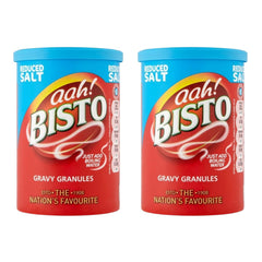 Bisto reduced sodium canister front view showing packaging and lower-salt benefit