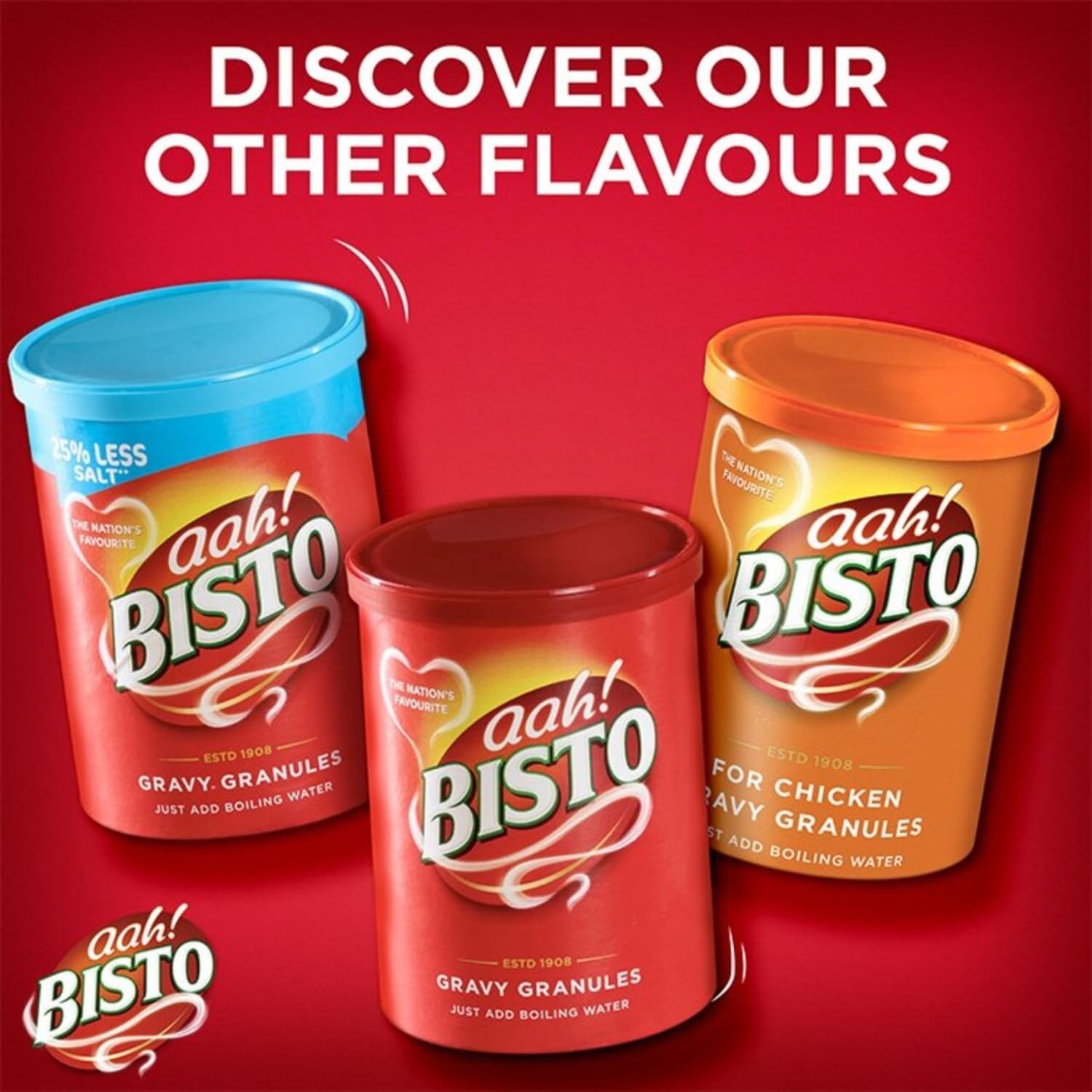 Two Bisto canisters on pantry shelf showing value pack and storage ease