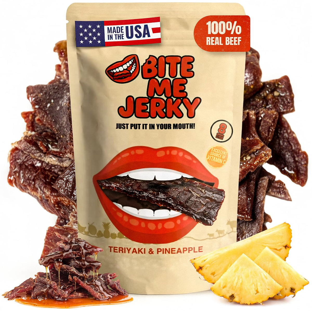 BITE ME JERKY front packaging showing teriyaki and pineapple flavor and bold branding