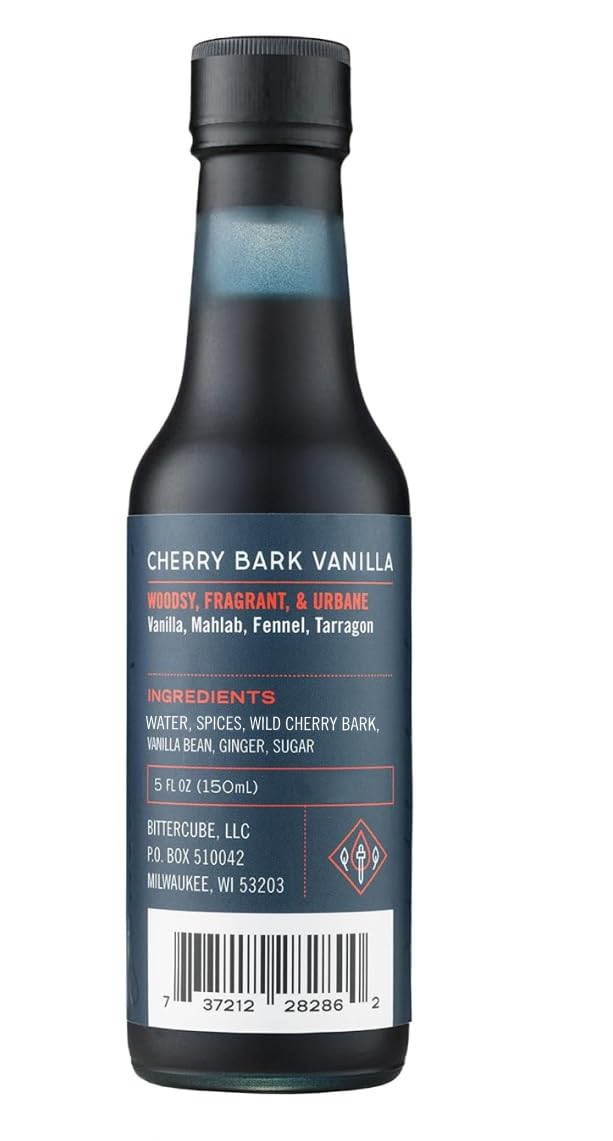 Bittercube label detail close-up highlighting cherry bark and vanilla blend ingredients and design