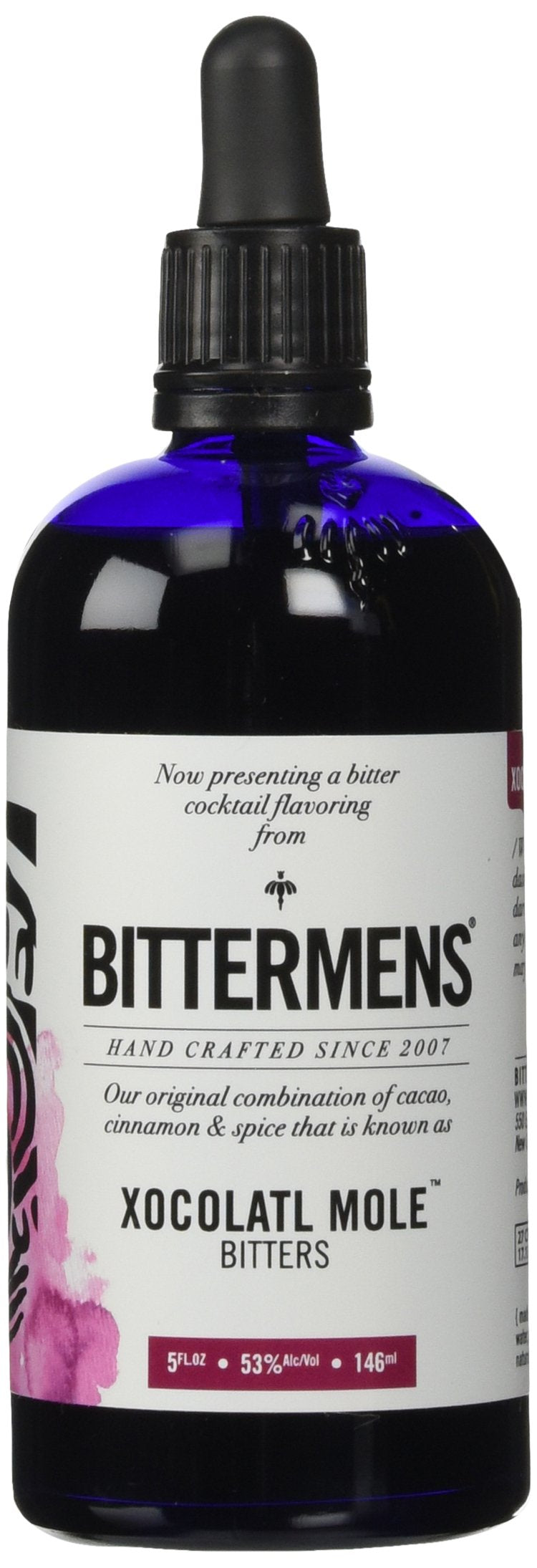 Bittermens Xocolatl Mole bottle front view showing label and serving suggestion benefit