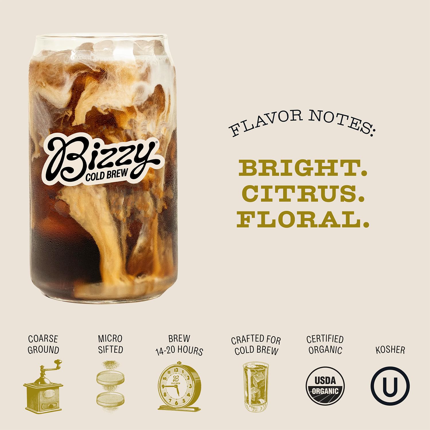 Bizzy bag label with USDA Organic and Kosher certifications visible