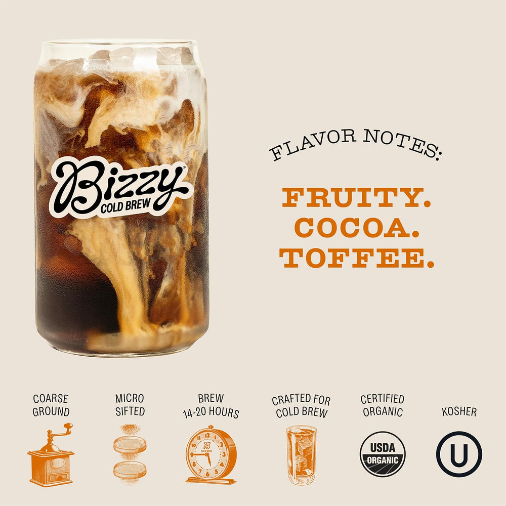 Bizzy cold brew concentrate in glass jar demonstrating batch brewing convenience and smooth taste
