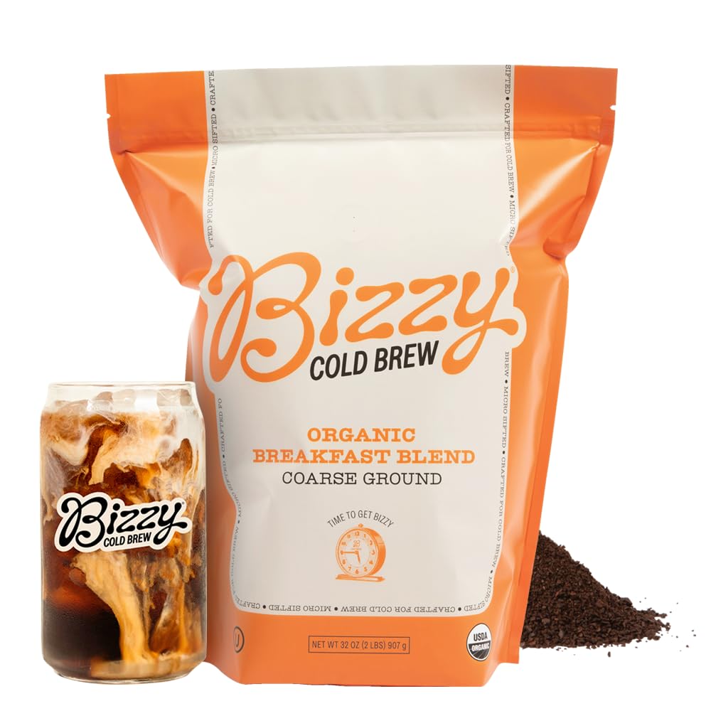 Bizzy bag front packaging showing 2 lb coarse-ground breakfast blend and organic label benefits
