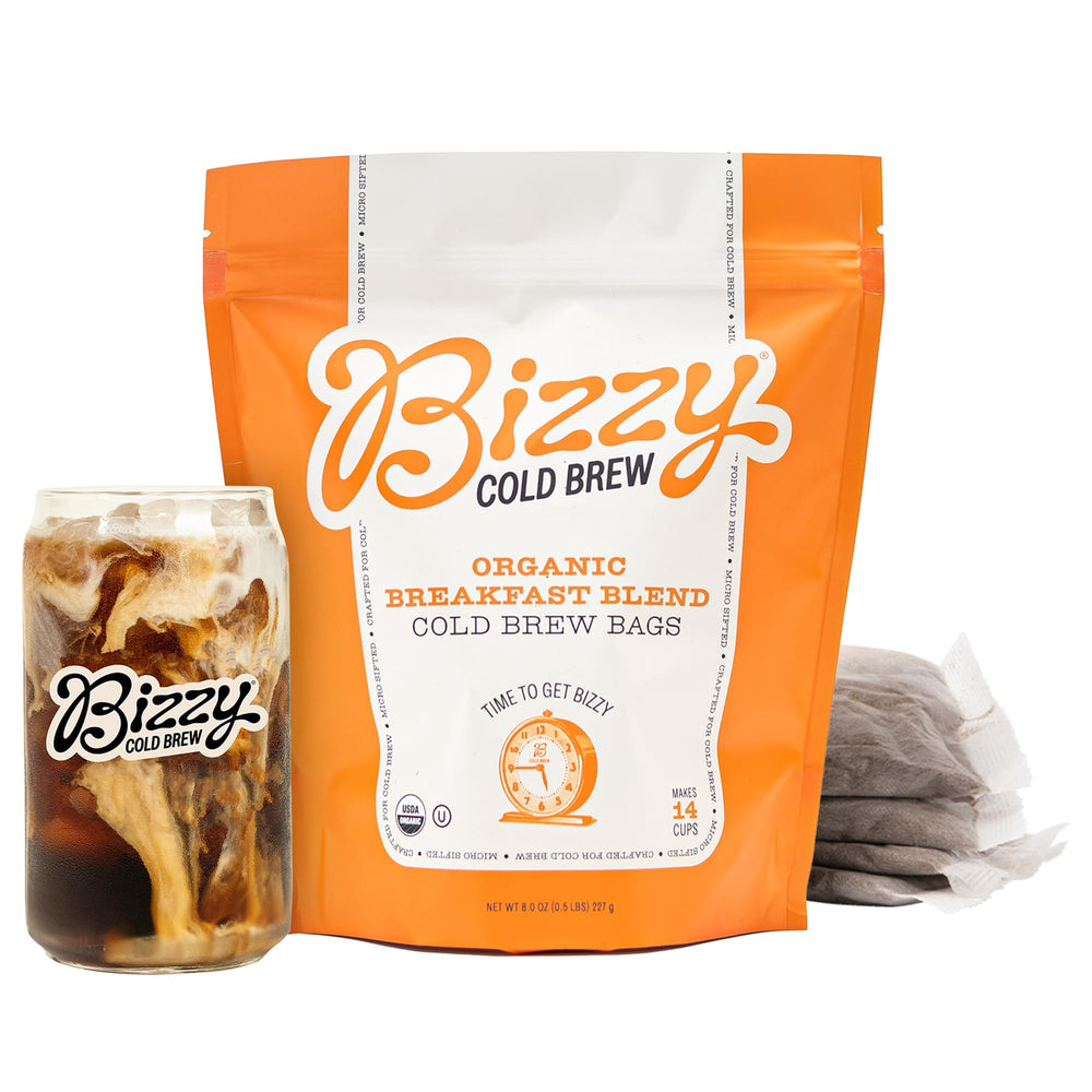 Bizzy front packaging showing organic breakfast blend and convenience