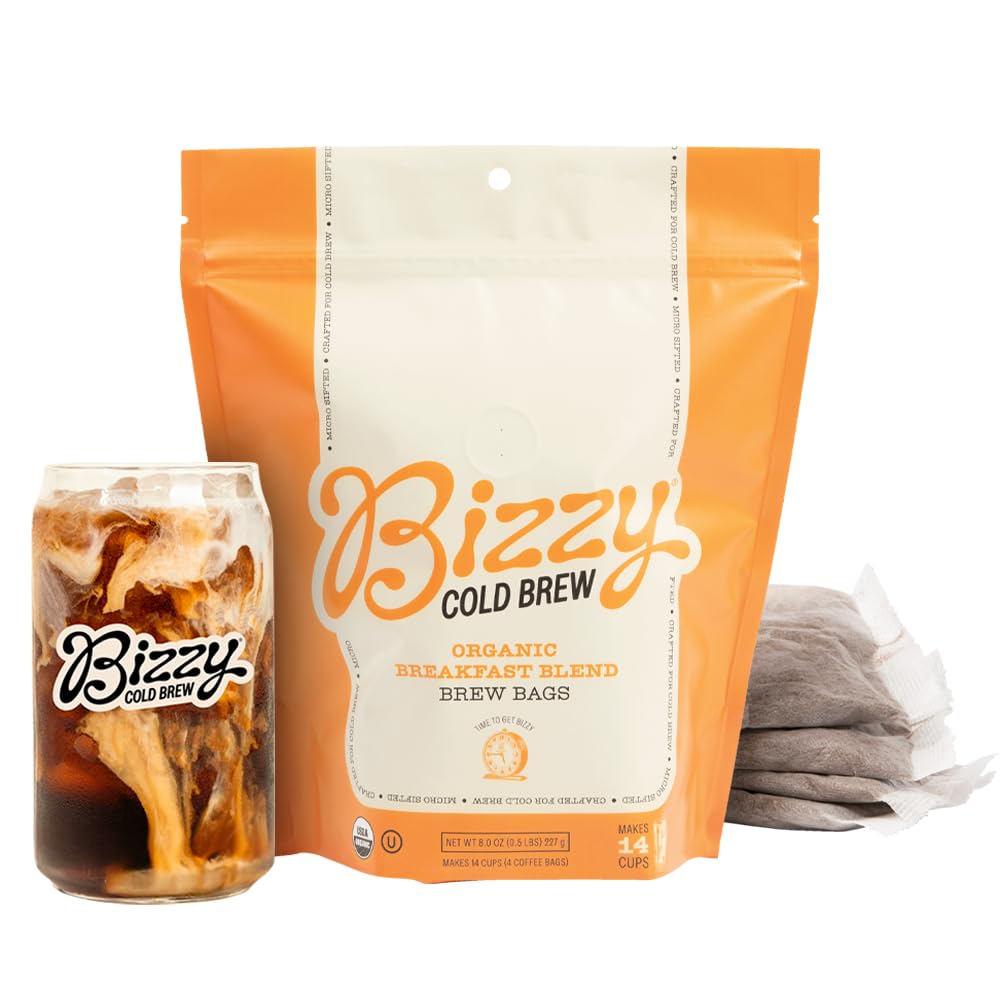 Bizzy brew bag next to a hand for size comparison and portability