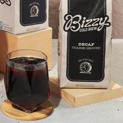 Bizzy decaf coarse grind closeup highlighting texture that yields smooth cold brew