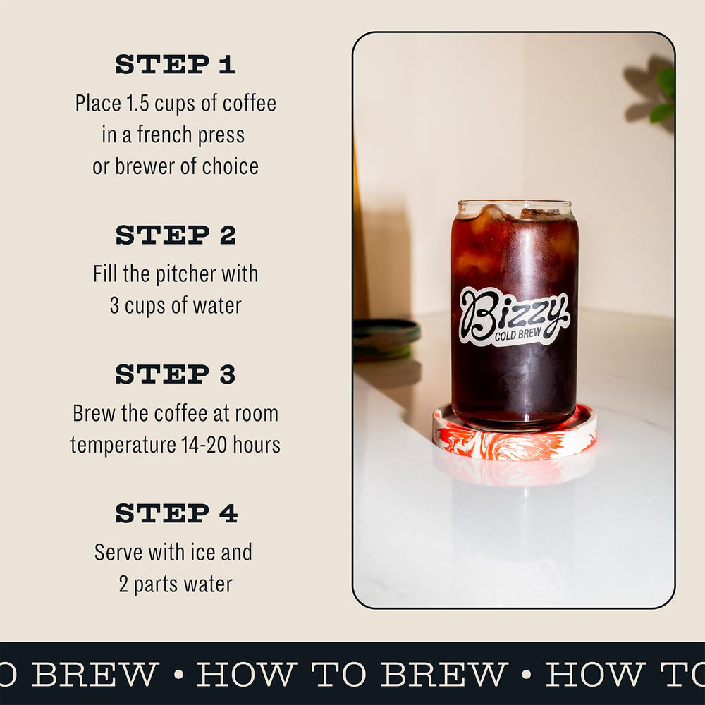 Bizzy decaf cold latte lifestyle scene with milk for creamy low-caffeine beverage