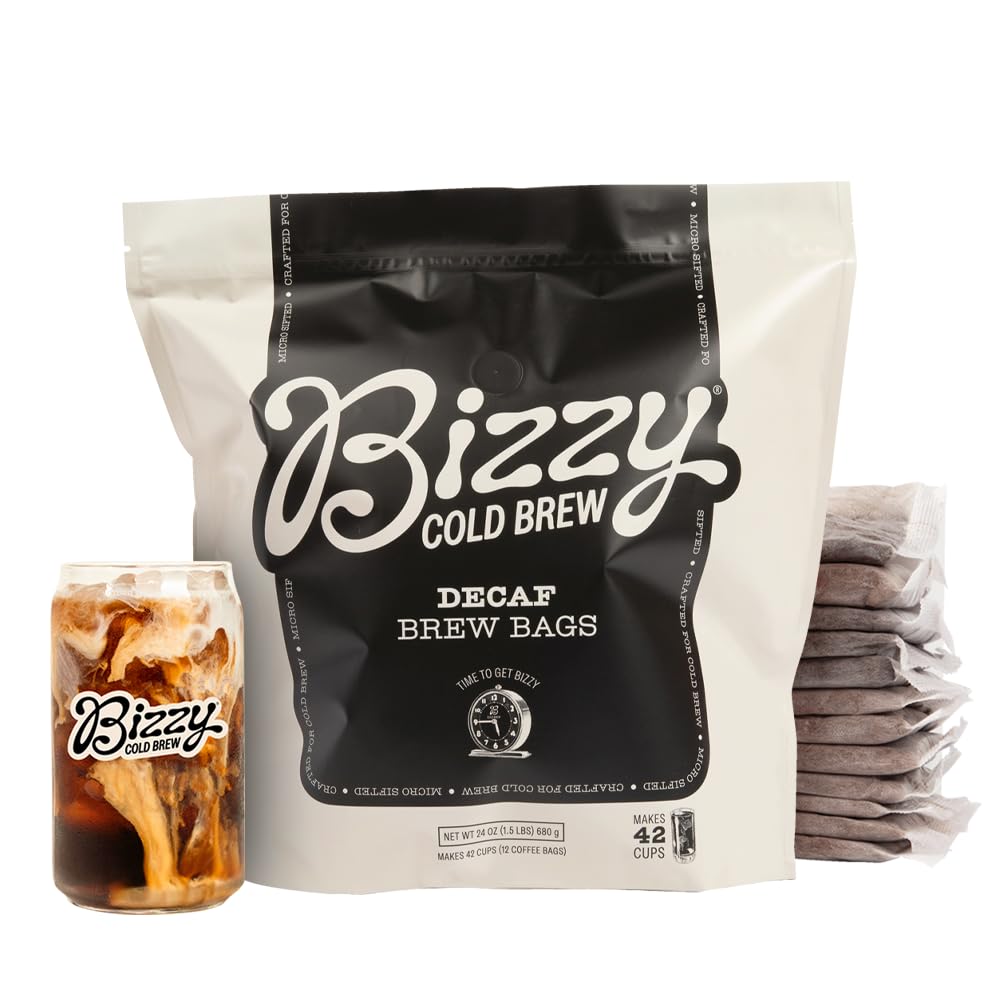 Bizzy decaf front packaging showing box and 12 brew bags for convenience