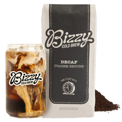 Bizzy decaf front packaging showing 1 lb bag and product branding for easy recognition