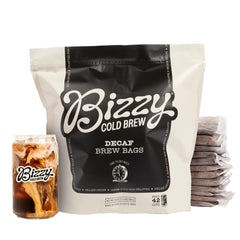 Bizzy decaf front packaging showing box and 12 brew bags for convenience