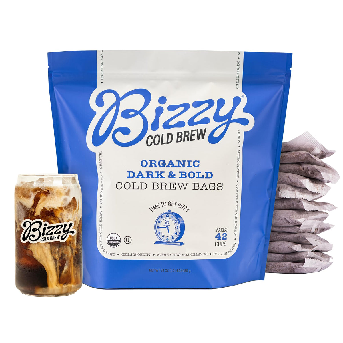 Bizzy front packaging showing 12-count brew bags and bold design for easy brewing