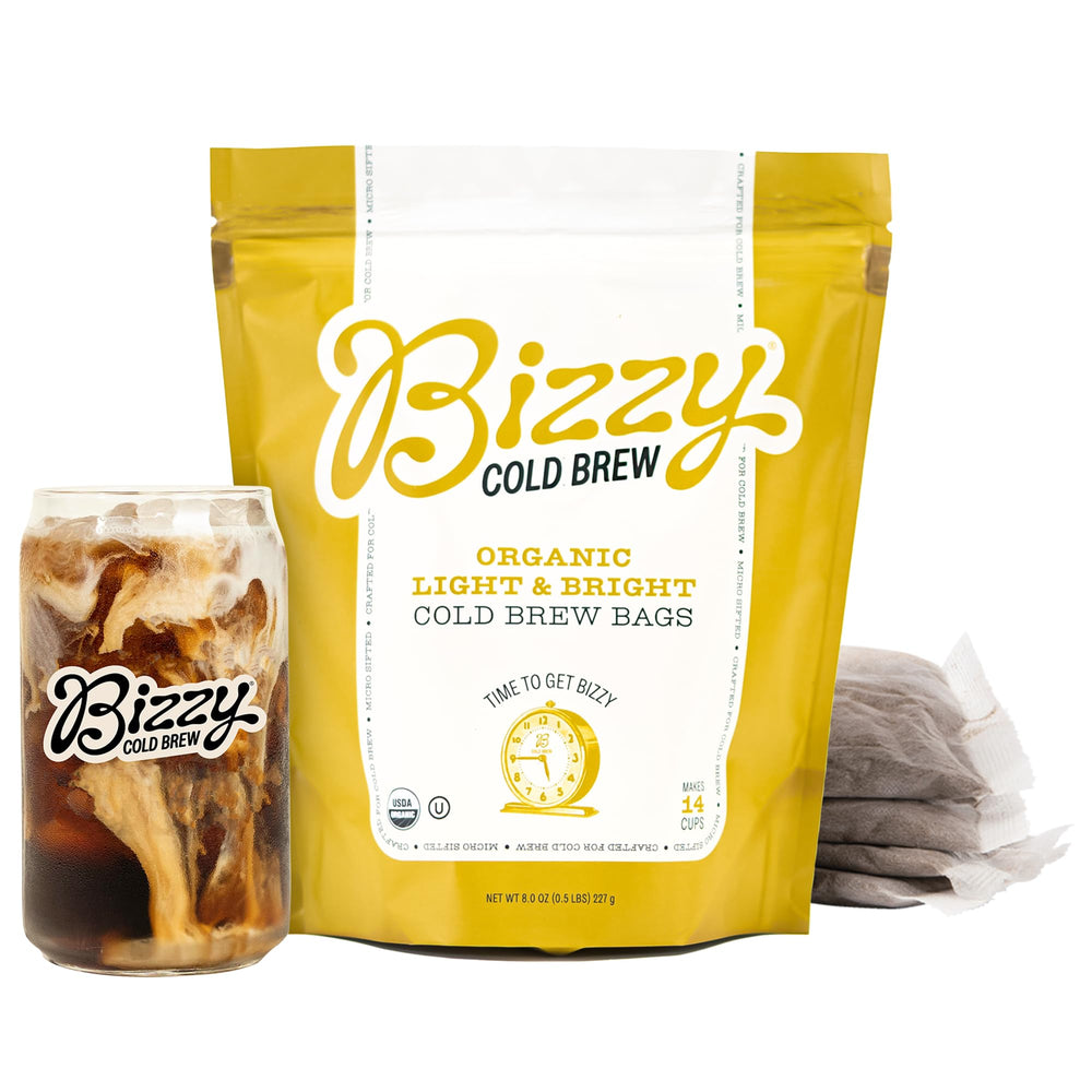 Bizzy front packaging showing Light & Bright brew bags and benefits