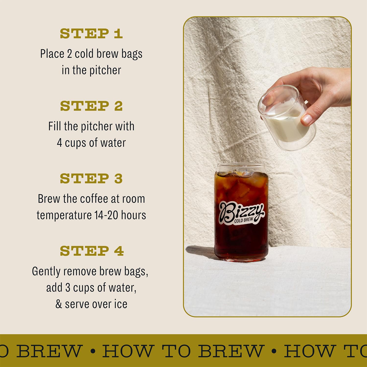 Bizzy bag beside measuring glass for size comparison and quick brewing