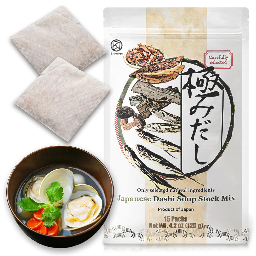 BJDesign front packaging showing 15 dashi sachets and clean design benefit