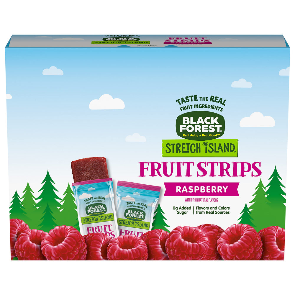 Black Forest front box showing pack of thirty raspberry fruit strips and convenience