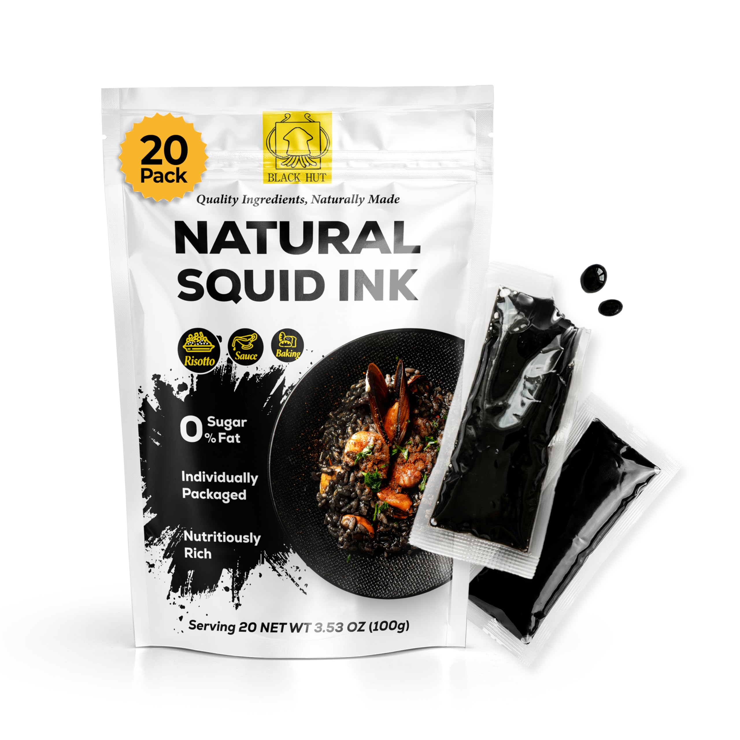 BLACK HUT front packaging showing 5g x20 sachets and product benefit portion control