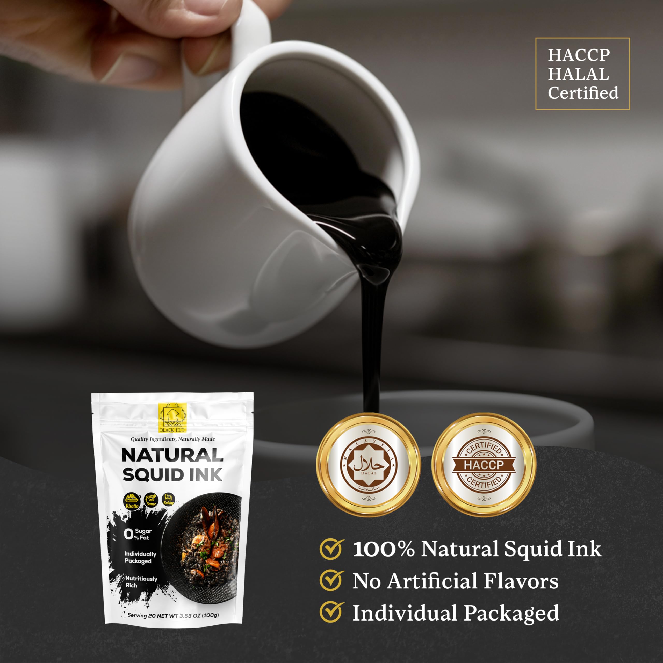 BLACK HUT open sachet revealing dark powder and easy single‑serve convenience