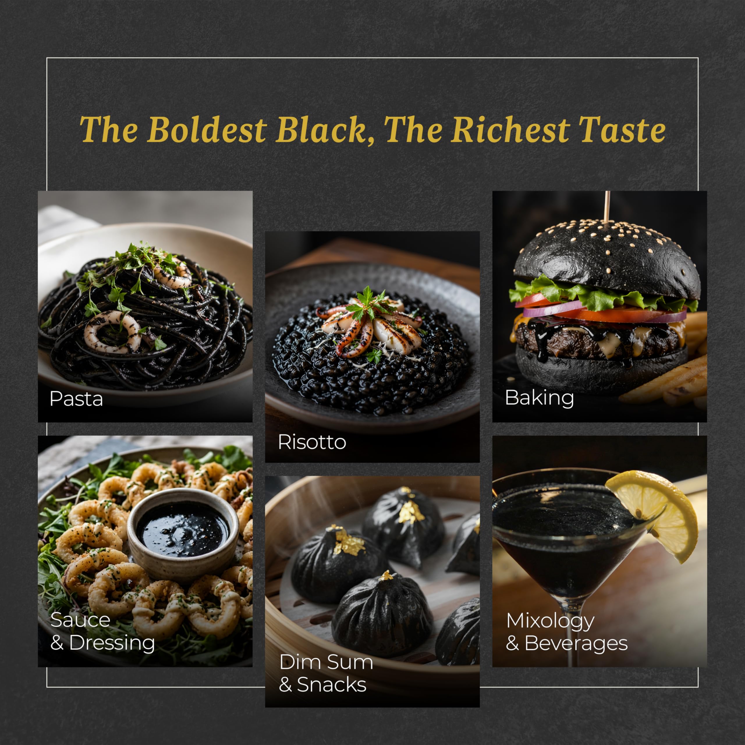 BLACK HUT squid ink pasta plated to showcase dramatic color and savory appeal