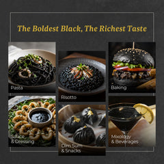 BLACK HUT squid ink pasta plated to showcase dramatic color and savory appeal